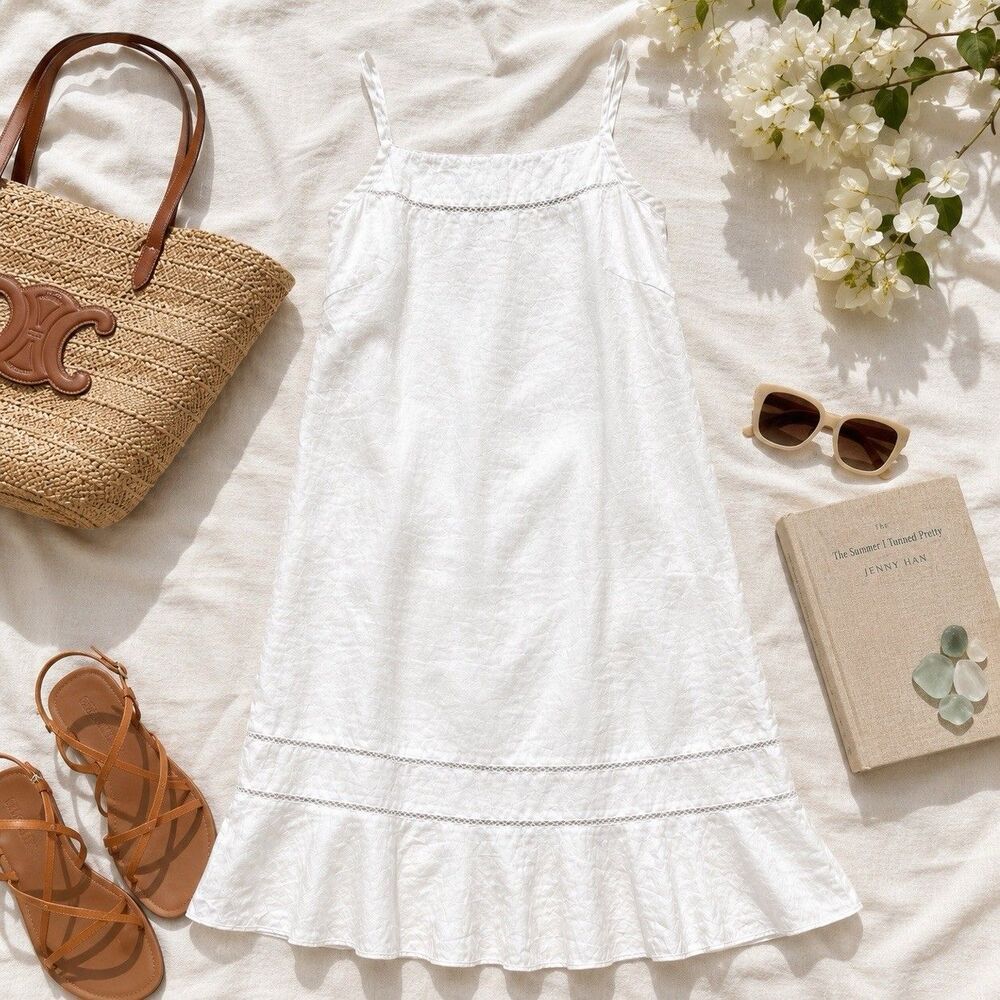 LOFT White Linen Shift Dress Minimalist Beachy Coastal Resort Sundress Size 6